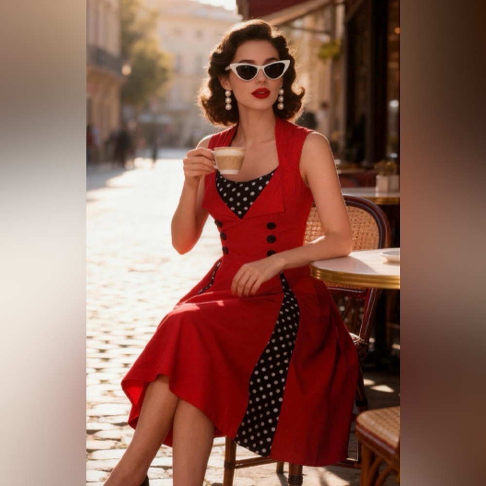 50s Siren Cherry Red Polka Dot Rockabilly Pin-Up Swing Retro Dress 2XL Plus